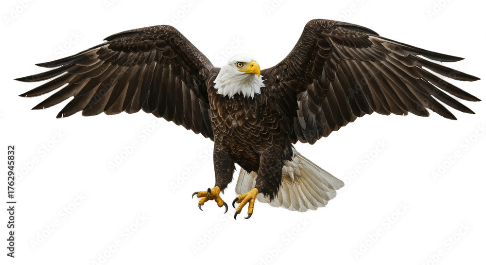 Fototapeta premium Bald Eagle Flying Majestic Wings Spread In Golden Light Isolated PNG