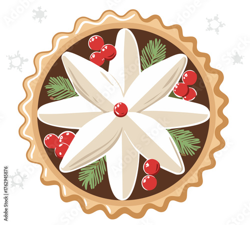 Festive Christmas tart adorned with white cream flower, red berries, and pine sprigs on crusty round dessert