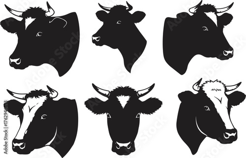 Black and white cow head silhouettes with different horn shapes and facial features, farm livestock vector illustration set for agriculture design