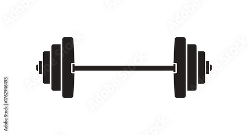 A stark black silhouette of a barbell with weight plates on each end representing strength training and fitness silhouette
