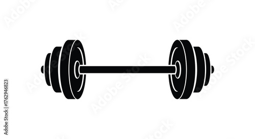 Simple black silhouette of a weightlifting barbell with multiple plates on each side representing strength training equipment