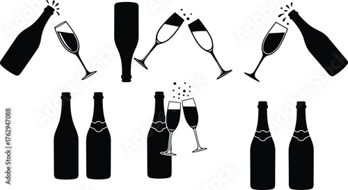 Black silhouette champagne bottles and glasses vector illustration with pouring, clinking, bubbles, festive celebration design for New Year, wedding, holiday party events