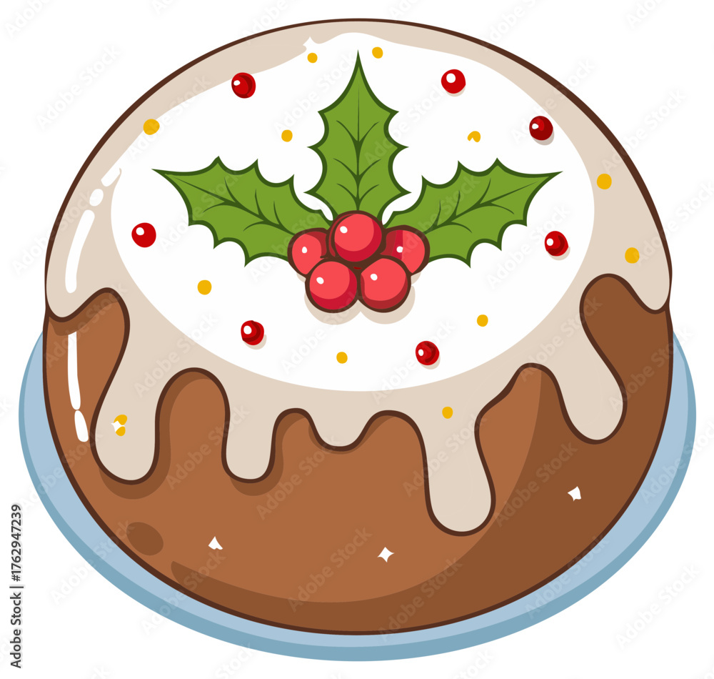 Fototapeta premium Festive holiday pudding with icing and holly, topped with berries, illustration of Christmas baking and sweet wintertime dessert