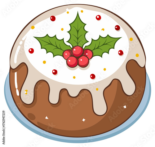 Festive holiday pudding with icing and holly, topped with berries, illustration of Christmas baking and sweet wintertime dessert