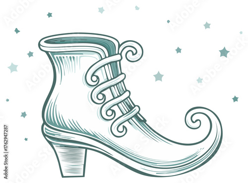 Stylized vintage fantasy boot with a pointed toe intricate lacing and scattered stars