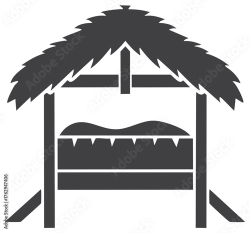 Simple illustration of a manger with hay and a thatched roof in solid silhouette style, suitable for holiday season related content.
