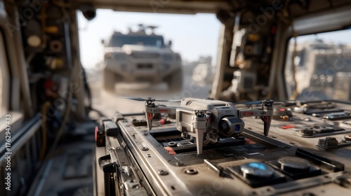 A military vehicle equipped with a clean automated drone docking station.
