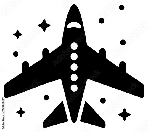 Silhouette of an airplane flying among stars and dots representing a night sky