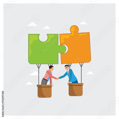 Businessmen shake hands on a connected puzzle balloon.