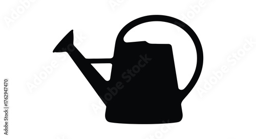 Classic metal watering can with a curved handle and spout depicted in a stark black silhouette against a white background
