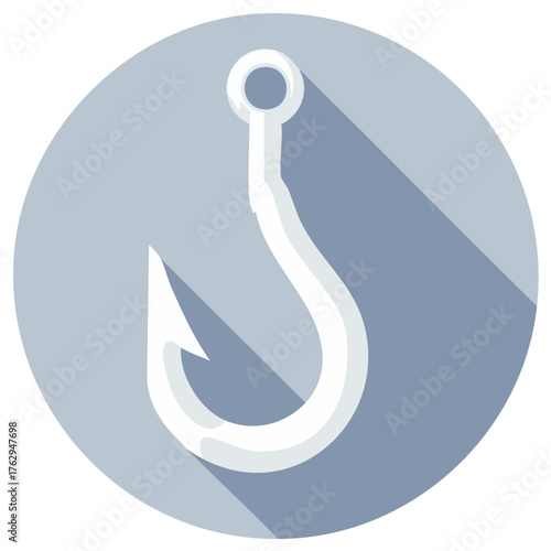 A White Fishing Hook Icon with Shadow on a Blue Gray Circular Background, Simple Flat Design