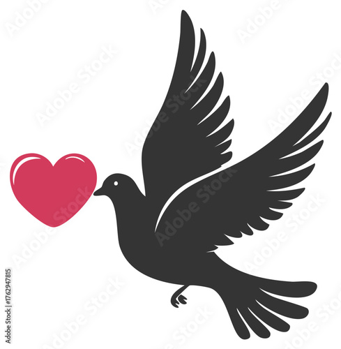 Black flying dove carrying a vibrant red heart in its beak, a symbol of peace and love