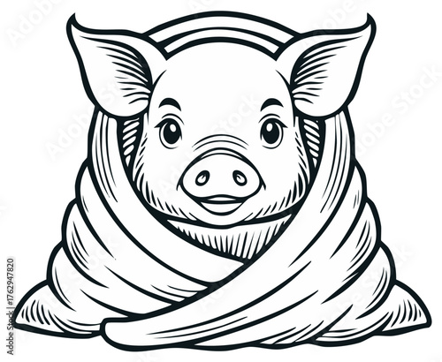 Cute piglet wrapped in a cozy blanket black and white line art illustration