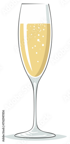 Elegant champagne flute filled with golden sparkling wine illustration