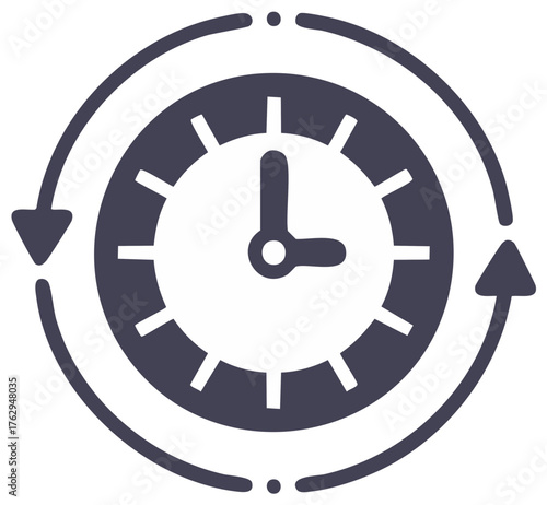 Dark gray clock icon with revolving arrows showing time repetition process and continuous flow