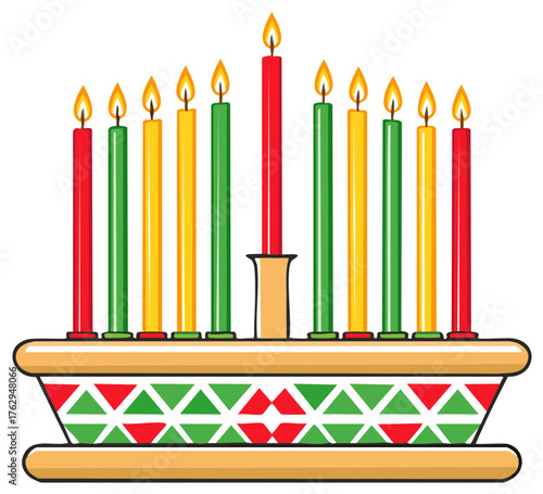 Kwanzaa Kinara with Seven Lit Candles and Decorative Holder