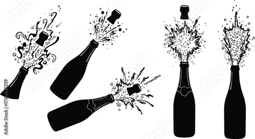 Black silhouette hands opening champagne bottles with corks popping, sparkling spray, festive bubbles, celebration vector design for New Year, wedding, holiday party events