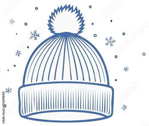 Vector line art illustration of a blue winter beanie with a pom pom and falling snowflakes