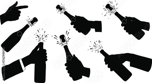 Black silhouette hands holding champagne bottles with corks popping, liquid spraying, festive celebration vector illustration for party, holiday, event design themes