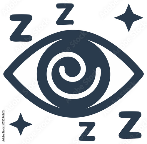 Stylized Eye with Spiral Pupil, Z Letters, and Stars Symbolizing Sleep or Hypnosis, Black and White Graphic Icon