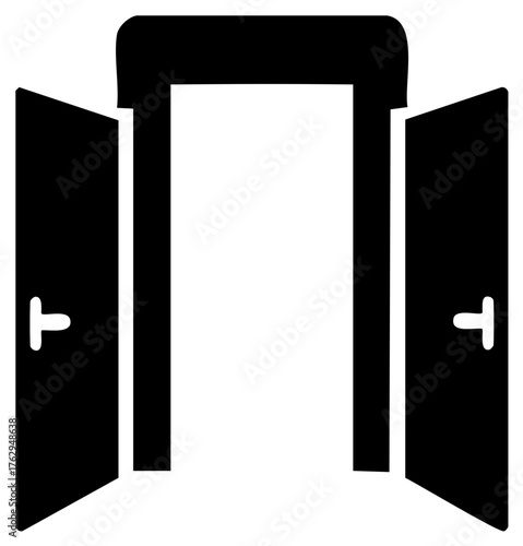 Black Silhouette Icon of Open Doors and Doorway Symbolizing Opportunity Entry or Exit
