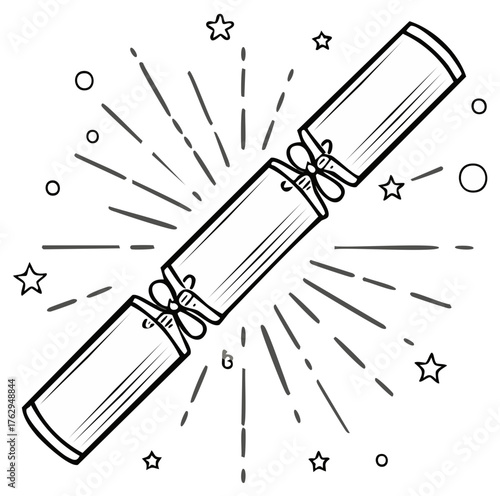 Christmas cracker popping with stars festive holiday line art illustration