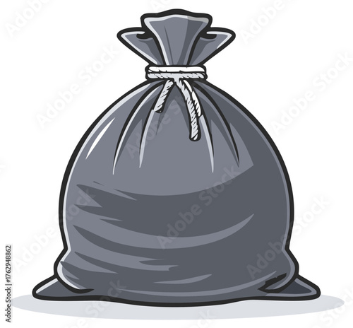 Cartoon Illustration of a Black Trash Bag Tied with White Rope