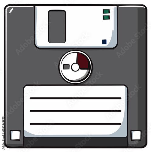 Illustration of a 3.5 inch floppy disk data storage medium. Retro tech illustration, computer history, old storage, nostalgia.