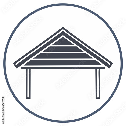 Covered Shelter Icon with Roof and Posts in Circular Frame