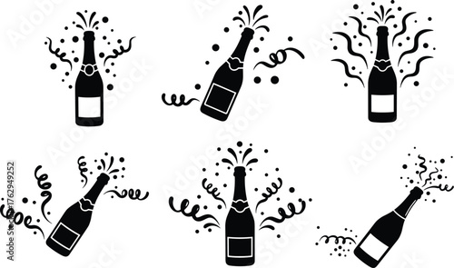 Champagne bottle silhouette vector set with popping corks, bubbles, confetti, and festive streamers for holiday celebration, party, and event design