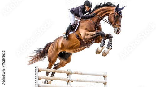 Equestrian sport horse and rider jumping isolated on transparent background
