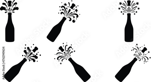 Champagne bottle silhouette vector set with popping corks, stars, bubbles, and festive streamers for celebration, party, holiday, and event design
