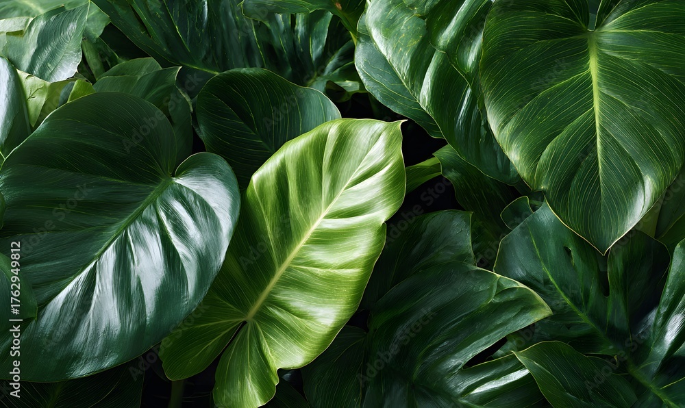 Fototapeta premium dense tropical foliage large glossy green leaves of philodendrons