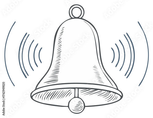 Hand Drawn Ringing Bell Illustration with Sound Waves, Symbolizing Alert, Notification or Alarm for Various Creative Projects