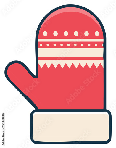 Stylized Red Winter Mitten Icon with White Pattern and Warm Cream Cuff