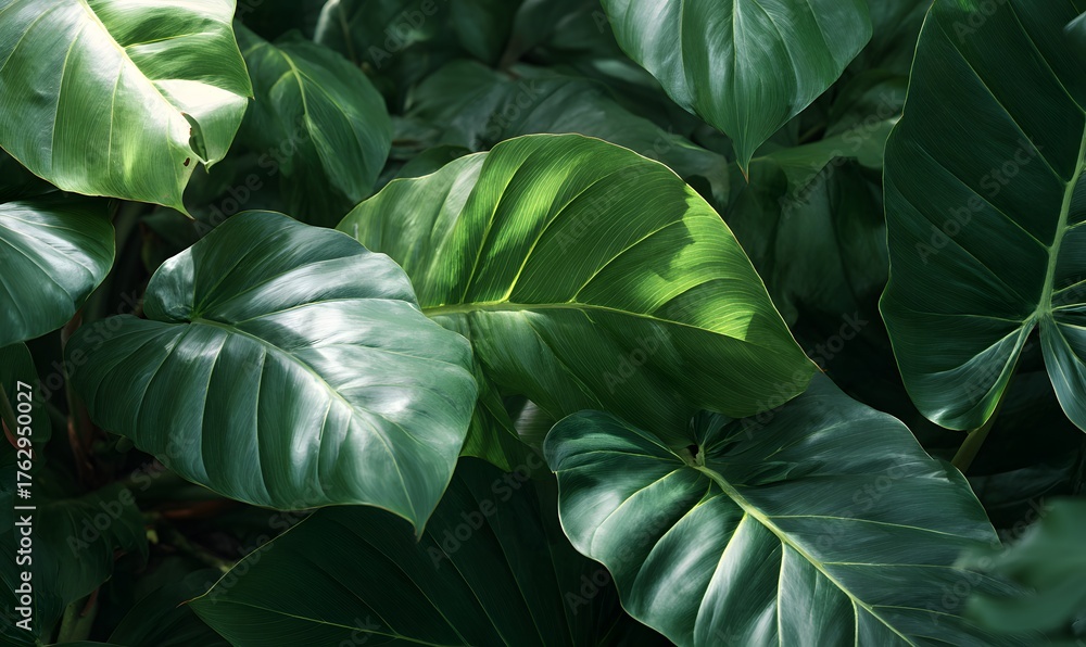 Fototapeta premium dense tropical foliage large glossy green leaves of philodendrons