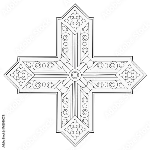 Ornate Christian Cross Intricate Floral Design Thin Line Vector