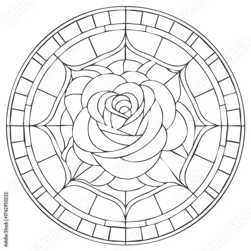 Rose Window Coloring Page Design, Floral Mandala, Stained Glass Pattern Art