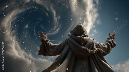 A mystical hero conjuring a powerful whirlwind in a dramatic scene.