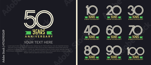 logo anniversary set. white color with green ribbon on black background for special event