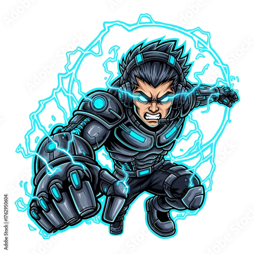 Illustration of a futuristic warrior with glowing accents and electrical energy around him