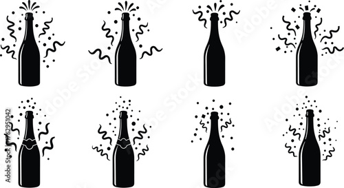 Collection of champagne bottle silhouette vector illustrations with popping corks, confetti, streamers, and sparkling festive celebration elements in black