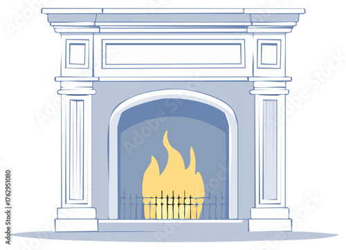 Ornate classical fireplace with columns and a warm fire burning in the hearth