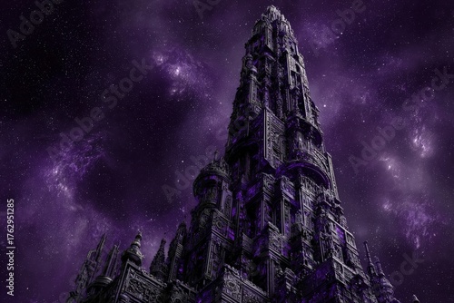 Dark Purple Tower In Space At Night