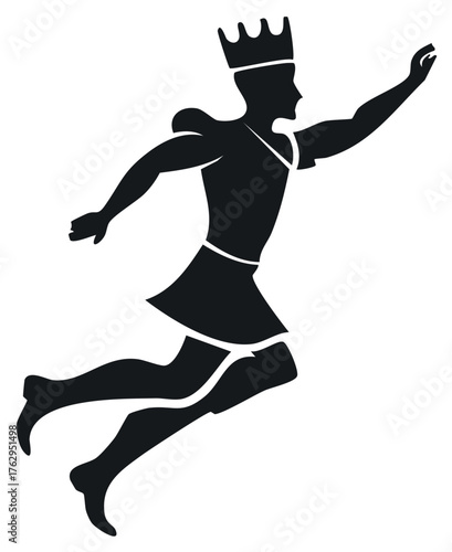 King silhouette in motion, wearing a crown with arms outstretched, jumping with dynamic movement