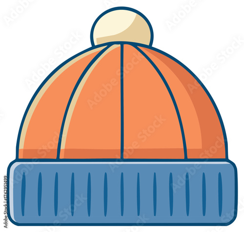 Stylized knit cap illustration with pom pom for cold weather and winter wear, colorful hat isolated on white background for design element