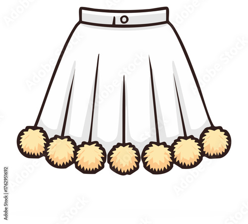 White Pleated Skirt Adorned with Cute Fluffy Pom Poms Fashion Illustration