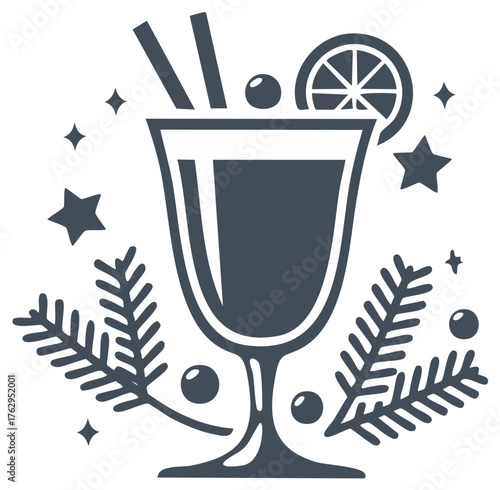 Festive mulled wine silhouette with spice star ornament и evergreen branches clip art