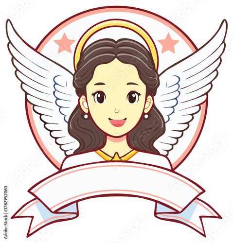Cute female angel with wings and halo in a circular emblem with a blank banner for a custom logo
