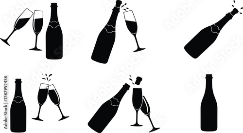 Collection of champagne bottle vector illustrations with hands opening corks, spraying bubbles, and festive celebration elements for party and event design
